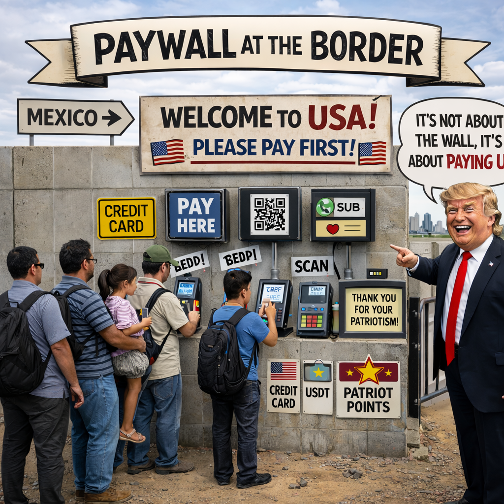 Mock-up of a border paywall with QR scan terminals and payment options